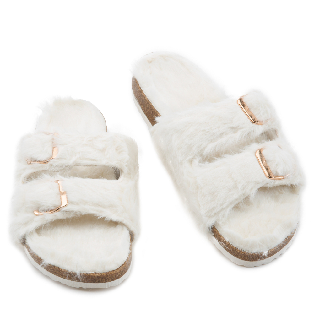 Defeat-63 Double Band Fur Slides,White 10